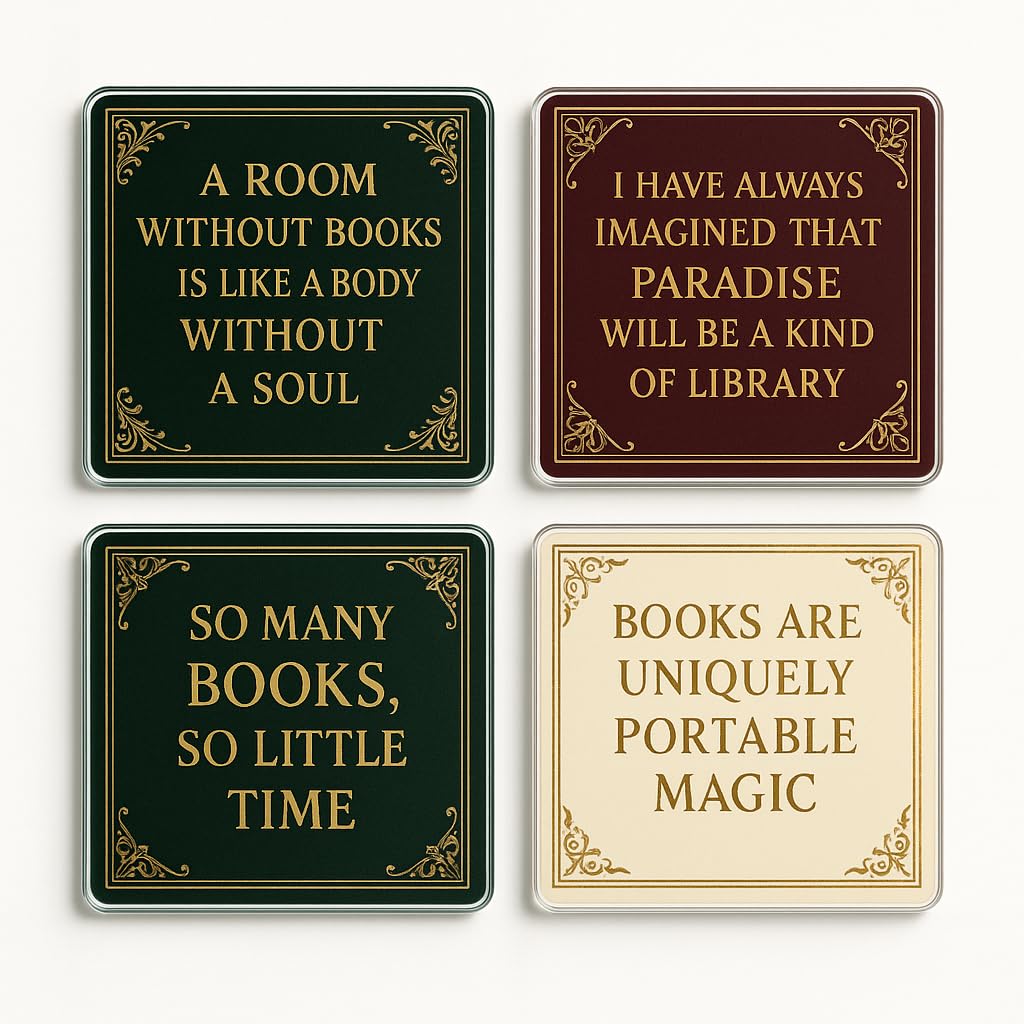 The Plum Penguin Bookish Haven Acrylic Coaster Gift Set Of 4 With Vintage Library Design - Literary Haven Reading Decor For Book Lover's Home