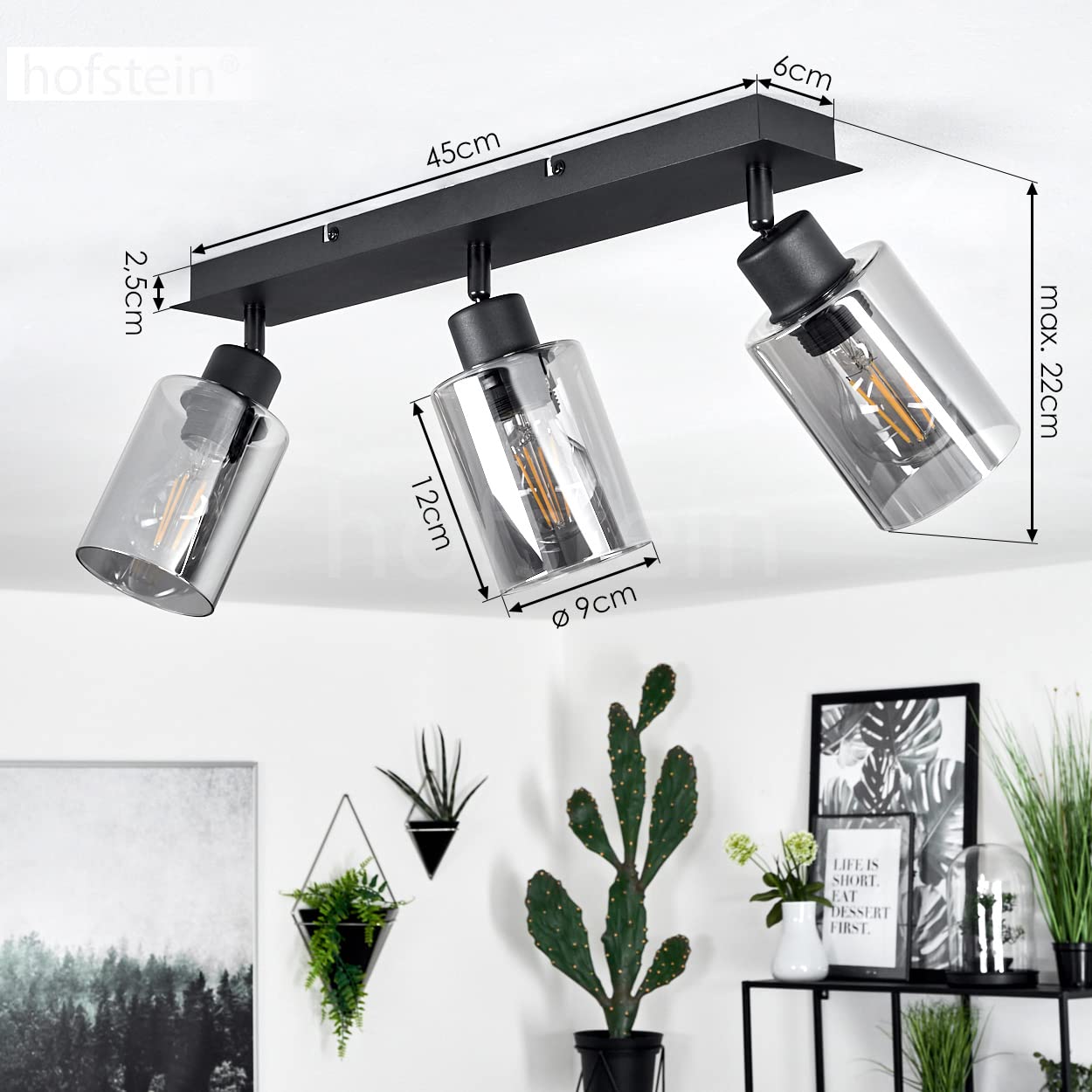 Lampada da soffitto Hunouri, lampada da soffitto in metallo/vetro in nero/fumo, con paralumi in vetro fumé, 3 luci, attacco E27, paralumi ruotabili, senza lampadina/e