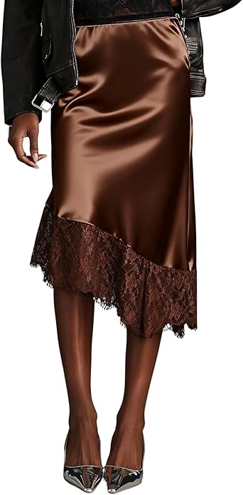 Women Lace Trim Satin Long Skirt Asymmetrical Silk Lace Skirt Elegant Elastic Waist Flowy A Line Midi Underskirt