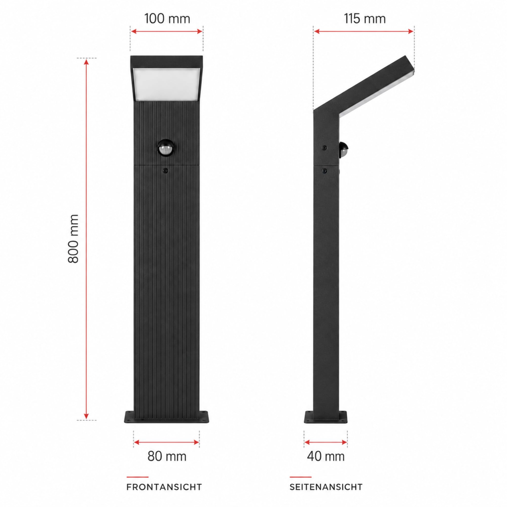 Maxkomfort LED Außenstandleuchte 80 cm Schwarz mit Bewegungsmelder – Premium Wegeleuchte IP65, 8W, 1280lm, 3000K warmweiß, Aluminium, Sensor mit Zeit- & Lux-Einstellung