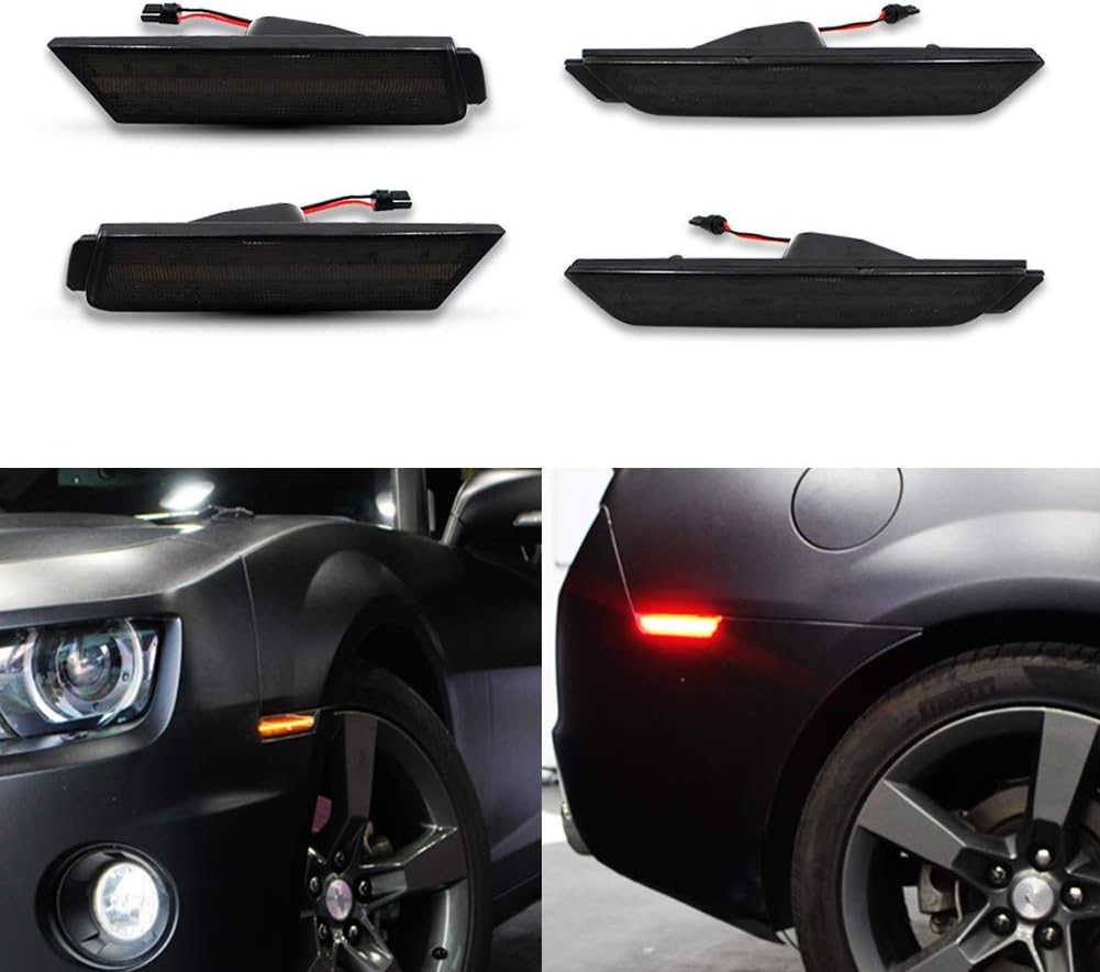 GTINTHEBOX for 2010 2011 2012 2013 2014 2015 Chevy Camaro Side Marker Lights Smoked Lens Front Rear Full LED (Front: Amber, Rear: Red)