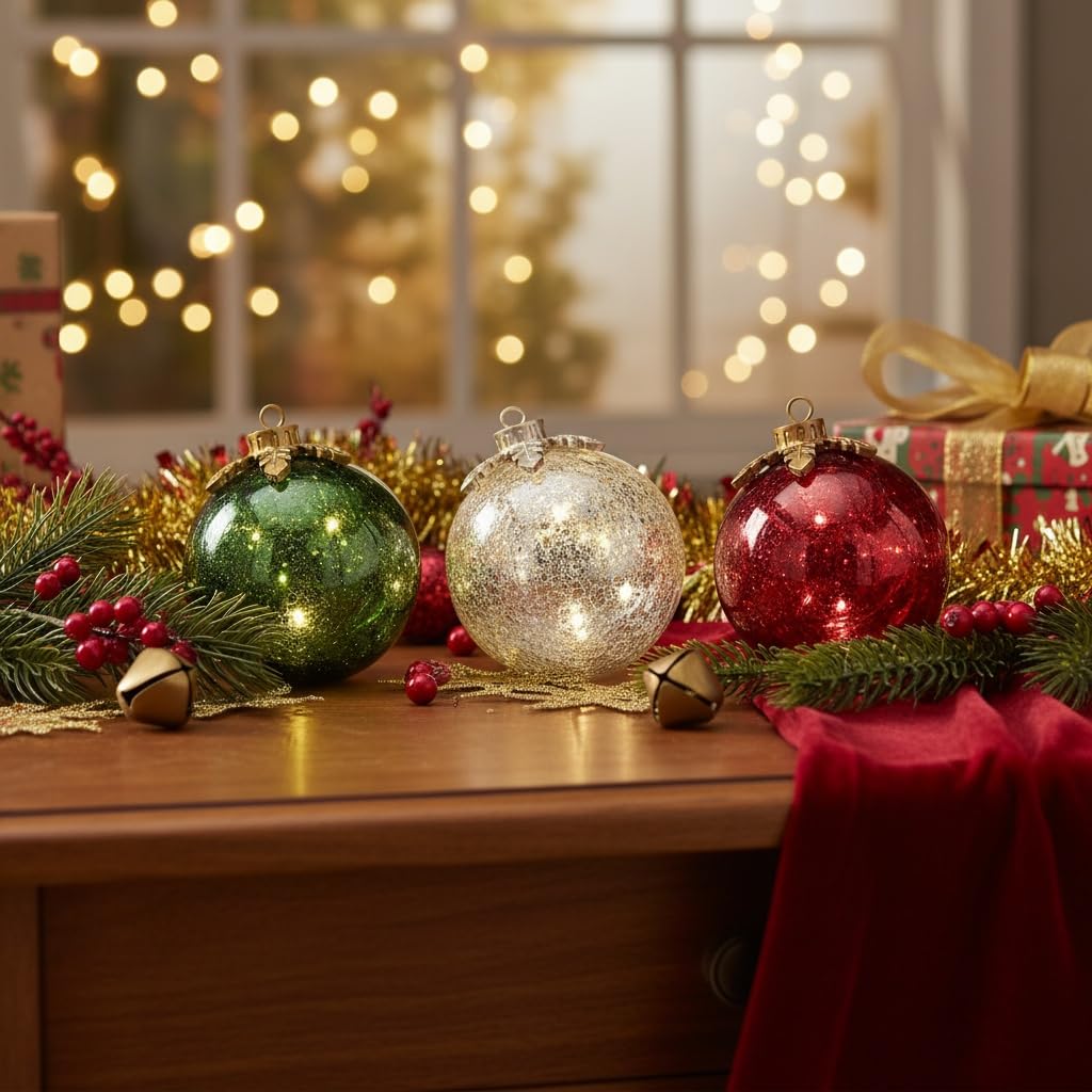 Sfera a LED con illuminazione automatica, con timer di 6 ore, decorazione da tavolo, decorazione per feste, ornamento natalizio da scrivania