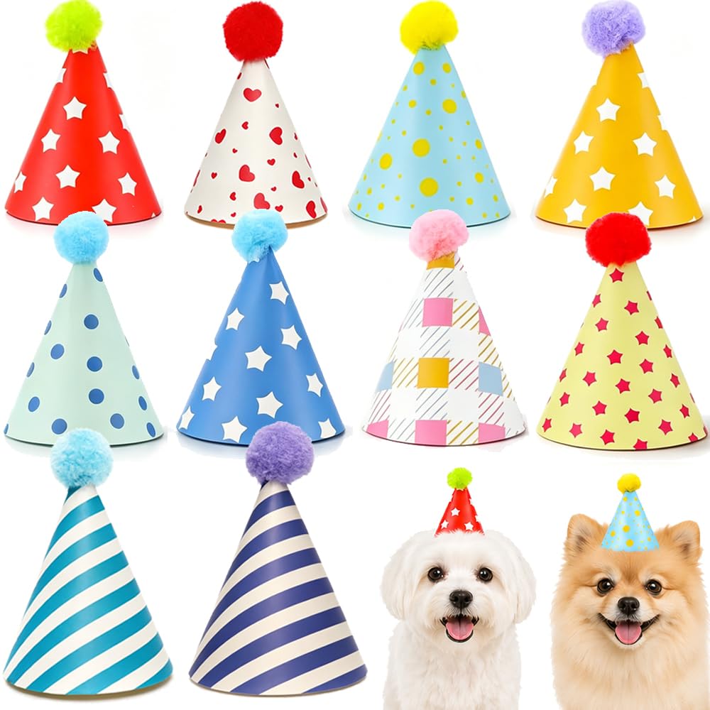 10 Pcs Mini Birthday Party Hats with Pom Poms for Dog,Pets, Stuffed Animals