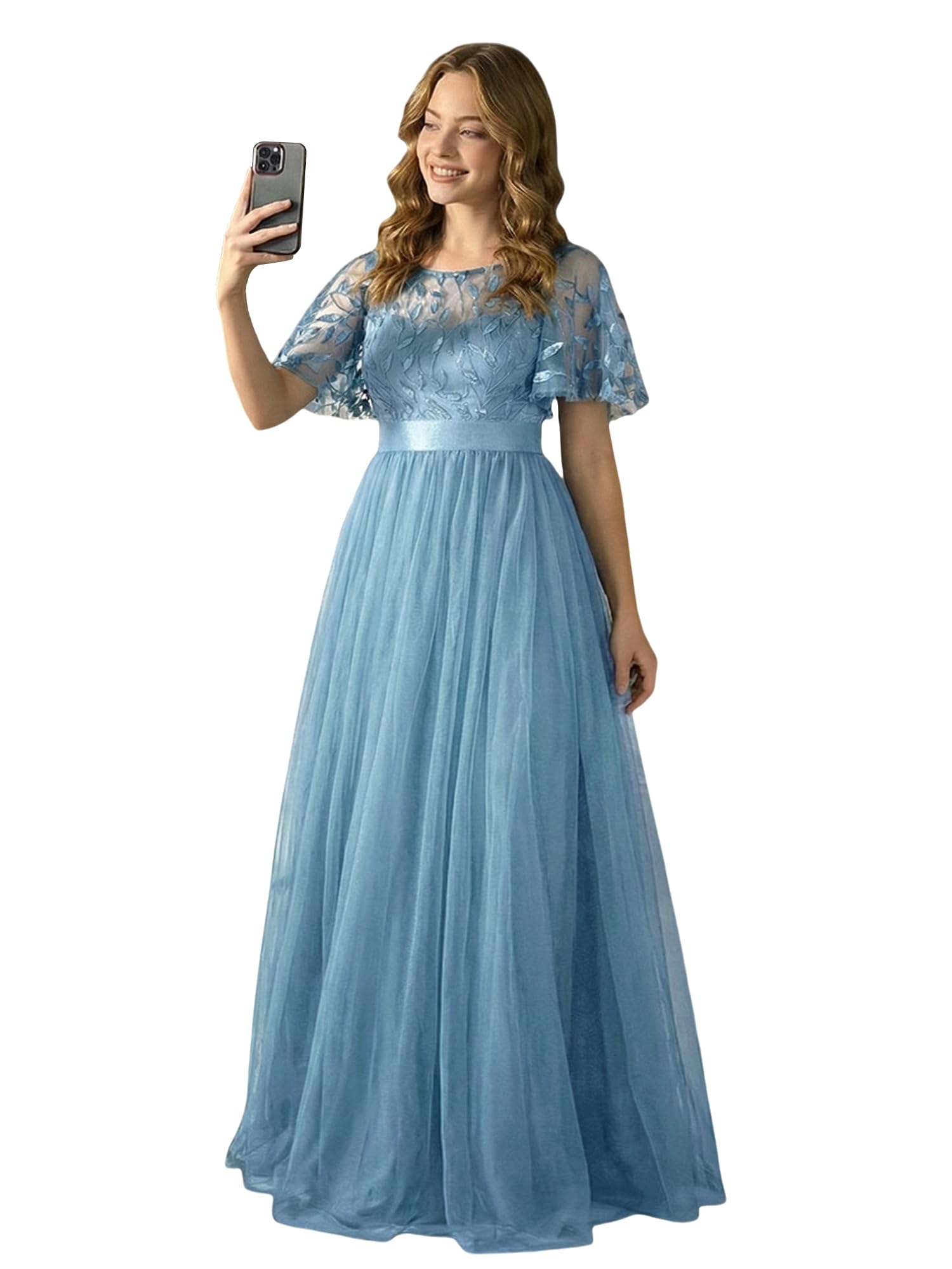 Ever-Pretty Sequin Formal Prom Dresses for Women Ruffle Sleeves Empire Waist A-Line Long Mother of Bride Dress 00904