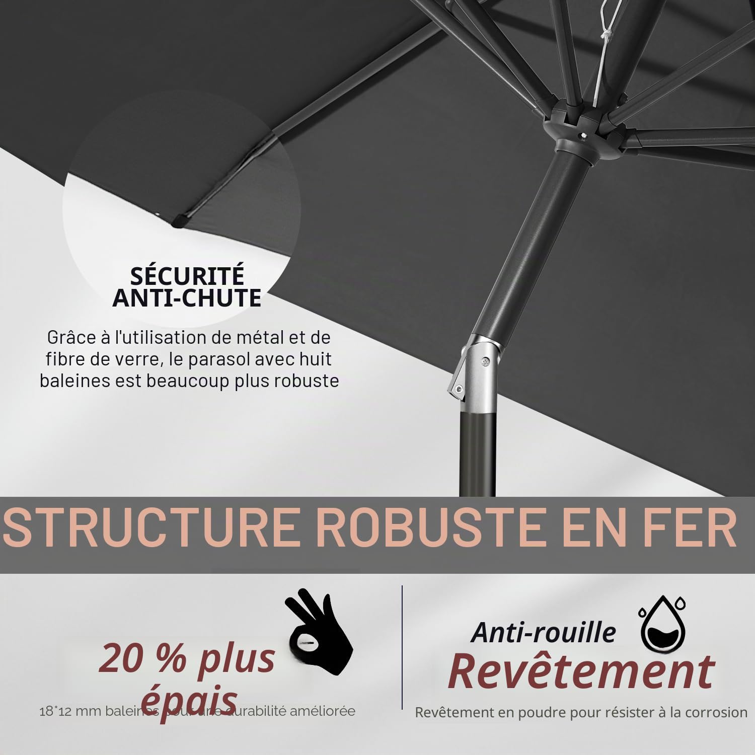 Sekey Parasol 220 cm avec Manivelle et Basculement Auto - Ombrelle pour Terrasse, Balkon & Jardin - Windproof UPF 50+