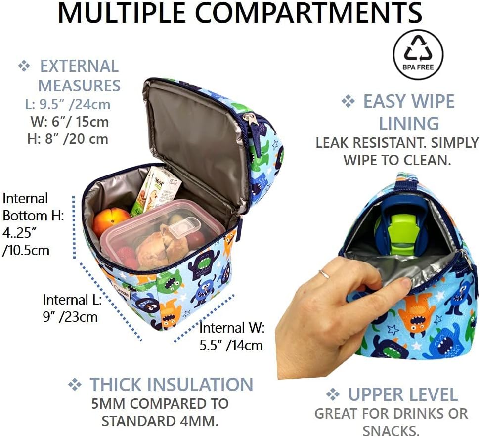 kinsho Stainless Steel Bento Box, Insulated Lunch Bag and Water Bottle Set for Toddlers. Snack Container for Small Kids, Baby Boys, Toddler Daycare or Pre-School Lunches, Blue Cute Monster