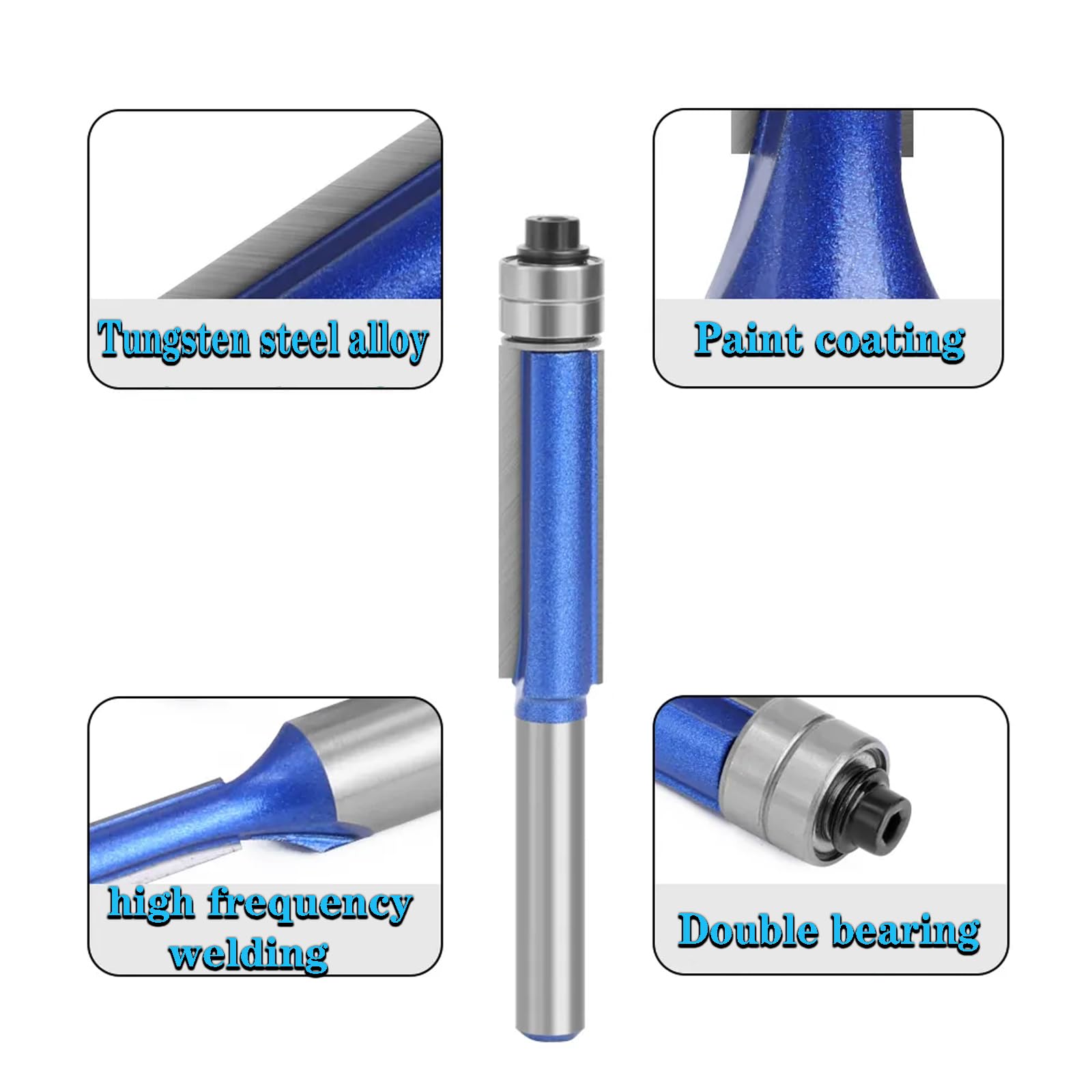 4 fresas de enrasado, fresa azul, vástago de 1/4 pulgadas, fresa de enrasado, fresa para copiar bordes con rodamiento de bolas, fresa de ranura, juego de fresa para carpintería para madera