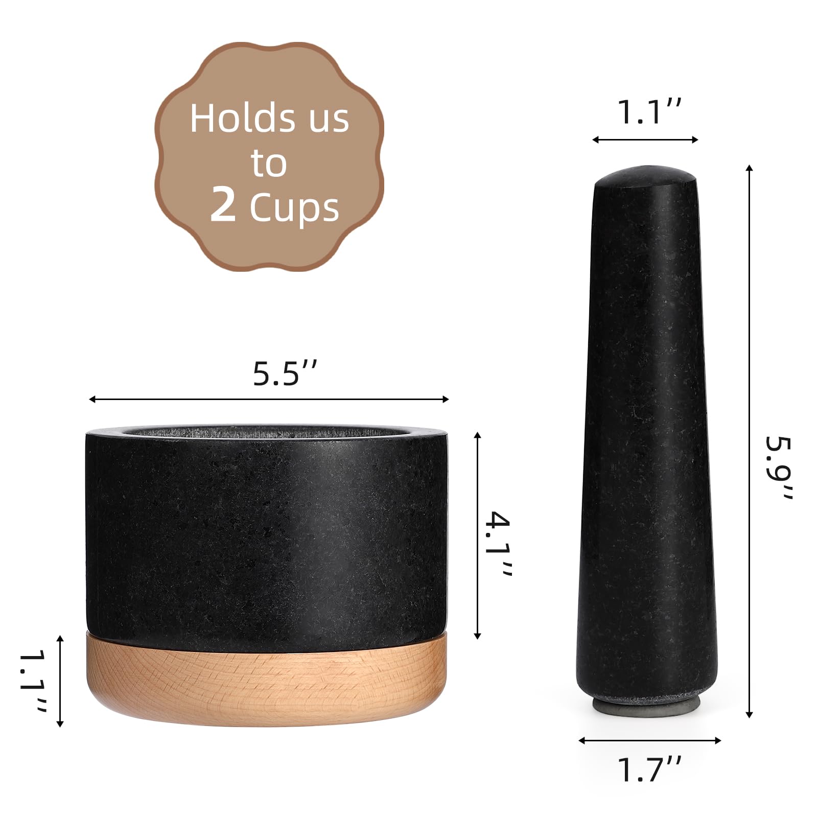 Juego de mortero y mortero con base de madera, cuencos de granito para guacamole, cuenco de aguacate pulido sin arañazos, especias de cocina y condimentos, accesorios de cocina