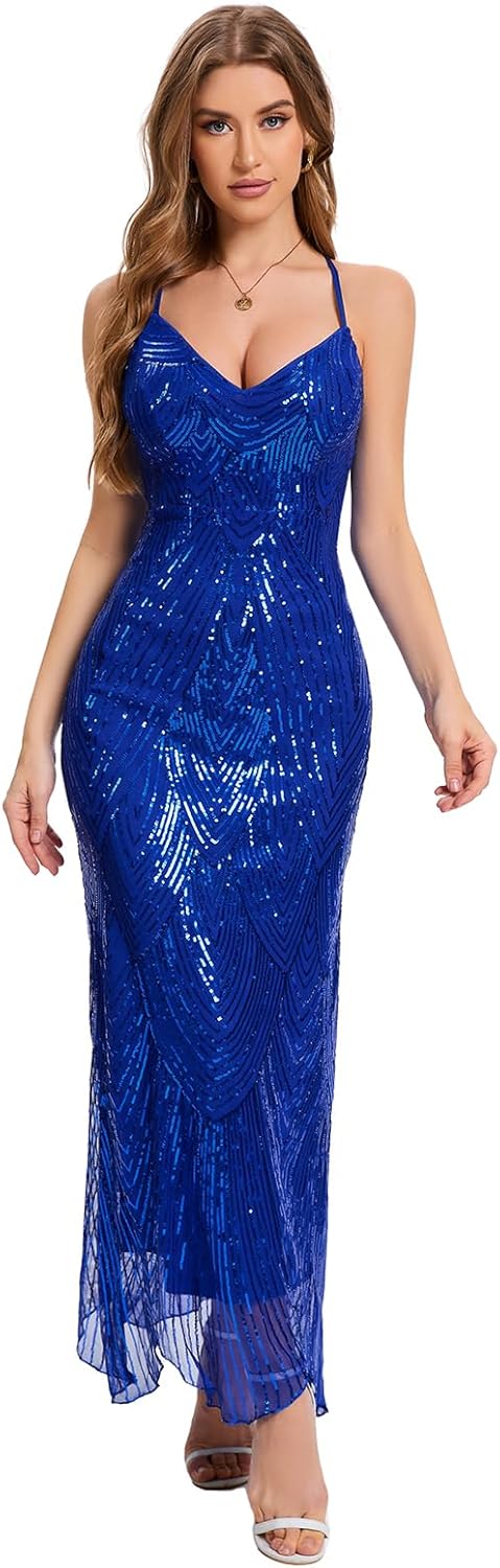 Women's V Neck Spaghetti Straps Sequin Sparkly Glitter Irregular Hem Prom Dress Backless Maxi Evening Gowns - Image 2