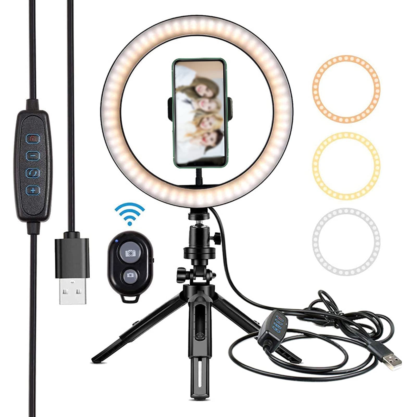 10"Selfie. GUIDATO Lampada ad Anello con Supporto treppiede e Supporto per Anelli USB Photography Riempimento Lampada 3 modalità Luminosa 10 Livello di luminosità Kit Ricaricabile Diamplare Flash per
