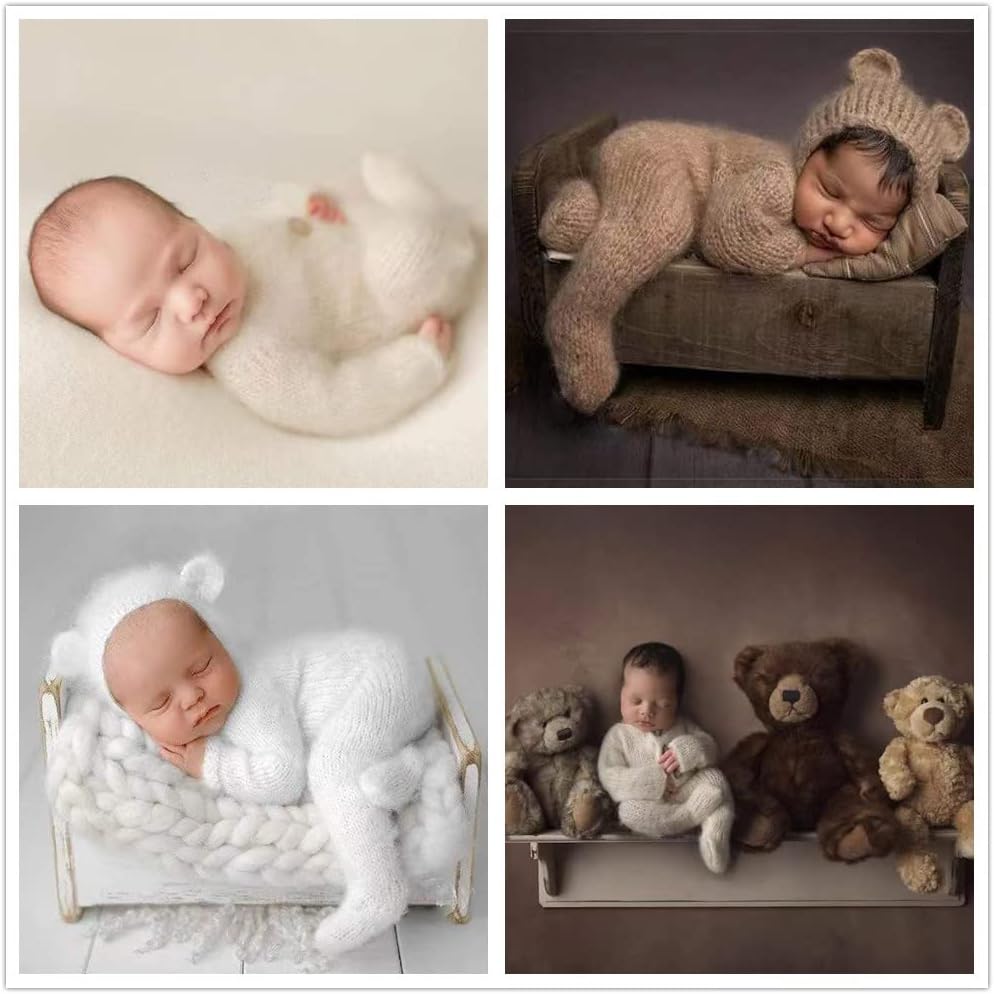 Newborn Photography Props Boys Girls Outfits Mohair Bear Hat Bonnet & Footed Romper Bodysuit Photoshoot Costume Set