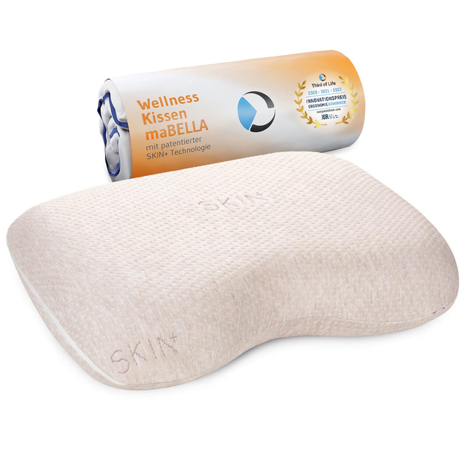 Oreiller Ergonomique MaBELLA | Housse avec probiotiques pour le soin de la peau | Aromathérapie - mousse viscoélastique avec ylang-ylang | Oreiller de bien-être pour toutes les positions de sommeil