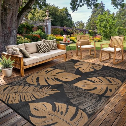 MilleLoom 10x20 Large Outdoor Patio Rug Modern Leaf Print Plastic Straw Outdoor Rugs Waterproof Foldable UV Resistant Camping Reversible Mats for Deck Porch Camper Balcony Beach RvBlack/Brown