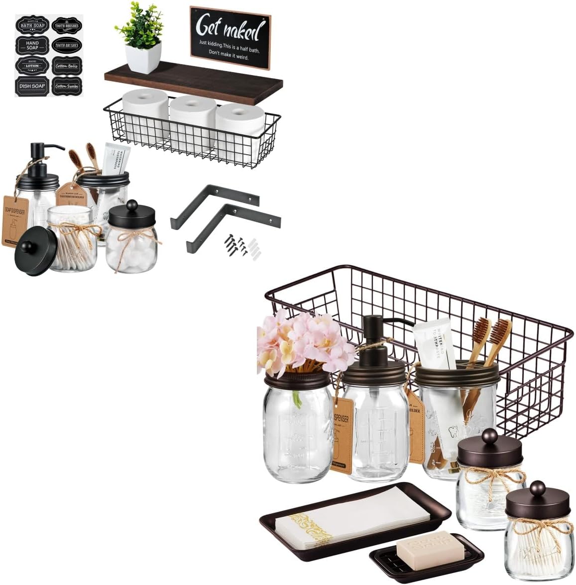 SheeChung 8PCS Mason Jar Bathroom Accessories Set & 8 Pack Bathroom Floating Shelves Set, Qtip Holder, Soap Dispenser, Toothbrush Holder, Rustic Farmhouse Decor