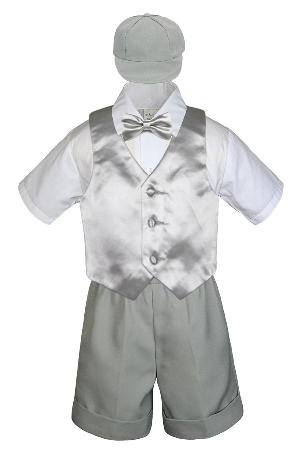 5pc Baby Toddler Boy Silver Vest Bow Tie Set Grey Shorts Suit Cap S-4T (4T)