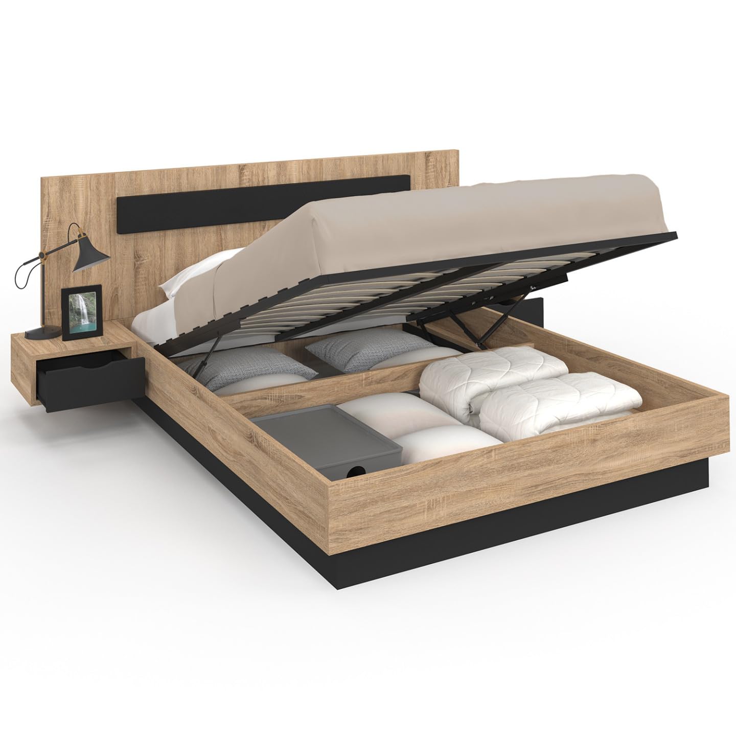 IDMarket - Lit Coffre Double Santa avec tête de lit + Tables de chevets intégrées et sommier 140 x 190 cm Bois et Noir