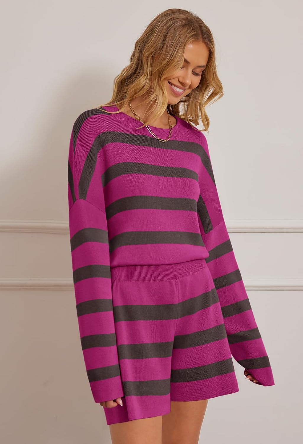 MEROKEETY Women's 2 Piece Sweater Lounge Sets Striped Long Sleeve Shorts Oversized Matching Outfits - Image 3