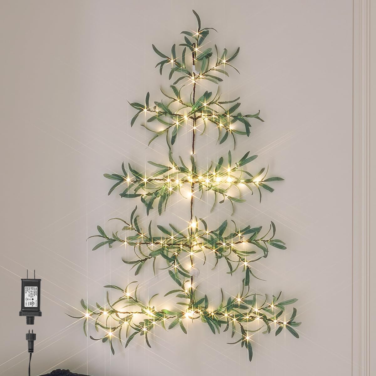 Hairui Lighted Wall Hanging Olive Tree with Timer 3.5FT 140 Warm White LED Fairy Lights, Vine Garland with Lights for Home Room Fireplace Wall Window Christmas Decoration Inside Outside