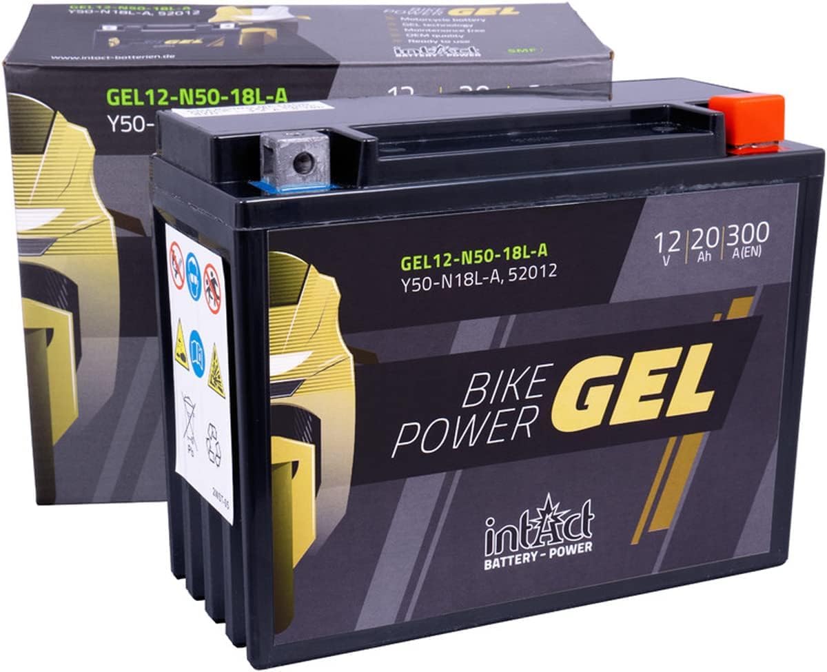 intAct - BATTERIE DE MOTO GEL Bike-Power GEL12-N50-18L-A. Remplace Y50-N18L-A, Y50-N18L-A3. Batterie moto 12V 20Ah 300A. Dimensions : 206x91x164mm. Jusqu’à 30% de puissance de démarrage en plus.