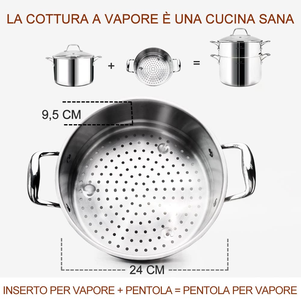 HOMICHEF 14 pezzi set di pentole in acciaio inox senza nichel, rivestito in 3 strati - Set di pentole e padelle lucidate a specchio - Pentole salutari con vaporiera - Pentole a induzione atossiche