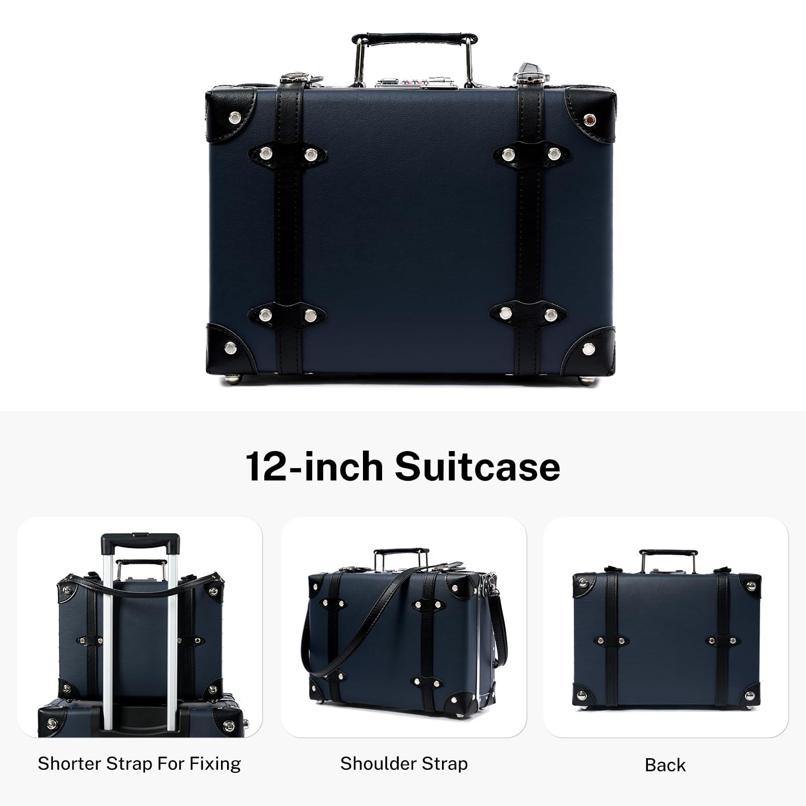 Urecity 3-częściowy zestaw walizek w stylu retro – skórzane walizki w stylu vintage dla kobiet, stylowy i przestronny zestaw walizek podróżnych z wytrzymałą aluminiową ramą, niebieski z czarnym, S(12