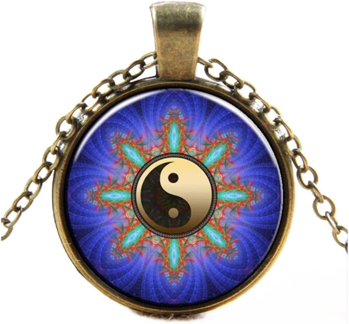Statement Tai Chi Pendants Antique Bronze Plated Link Chain Glass Photo Pendant Necklace