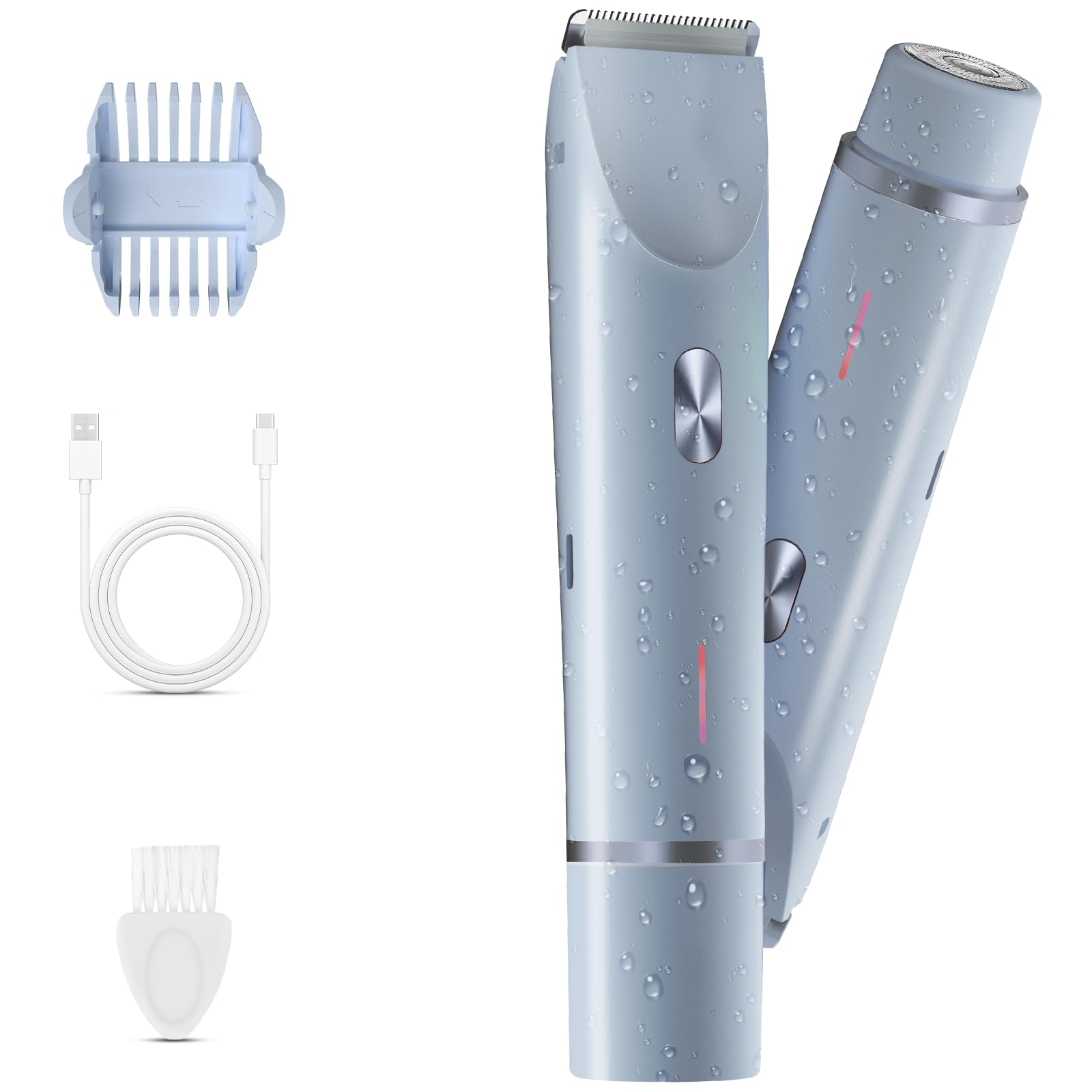 Bikini Trimmer for Women, 2 in 1 Electric Razor & Bikini Shaver for Womens IPX7 Waterproof Body Hair Trimmer and Facial Hair Remover,Blue