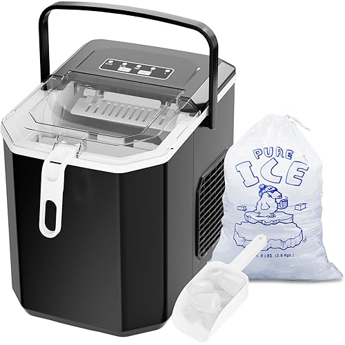 Countertop Ice Maker, Portable Ice Machine with Carry Handle, Self-Cleaning Ice Makers with Basket and Scoop, 9 Cubes in 6 Mins, 26 lbs per Day, 2 Sizes of Bullet Ice for Home Kitchen Office Bar Party