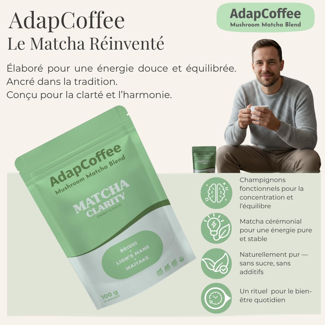 Matcha Clarity – Thé Matcha Cérémonial aux Champignons Adaptogènes – Lion’s Mane, Reishi & Maitake – Énergie Naturelle & Concentration – Vegan, Sans Sucre Ajouté – 25 tasses (100g)