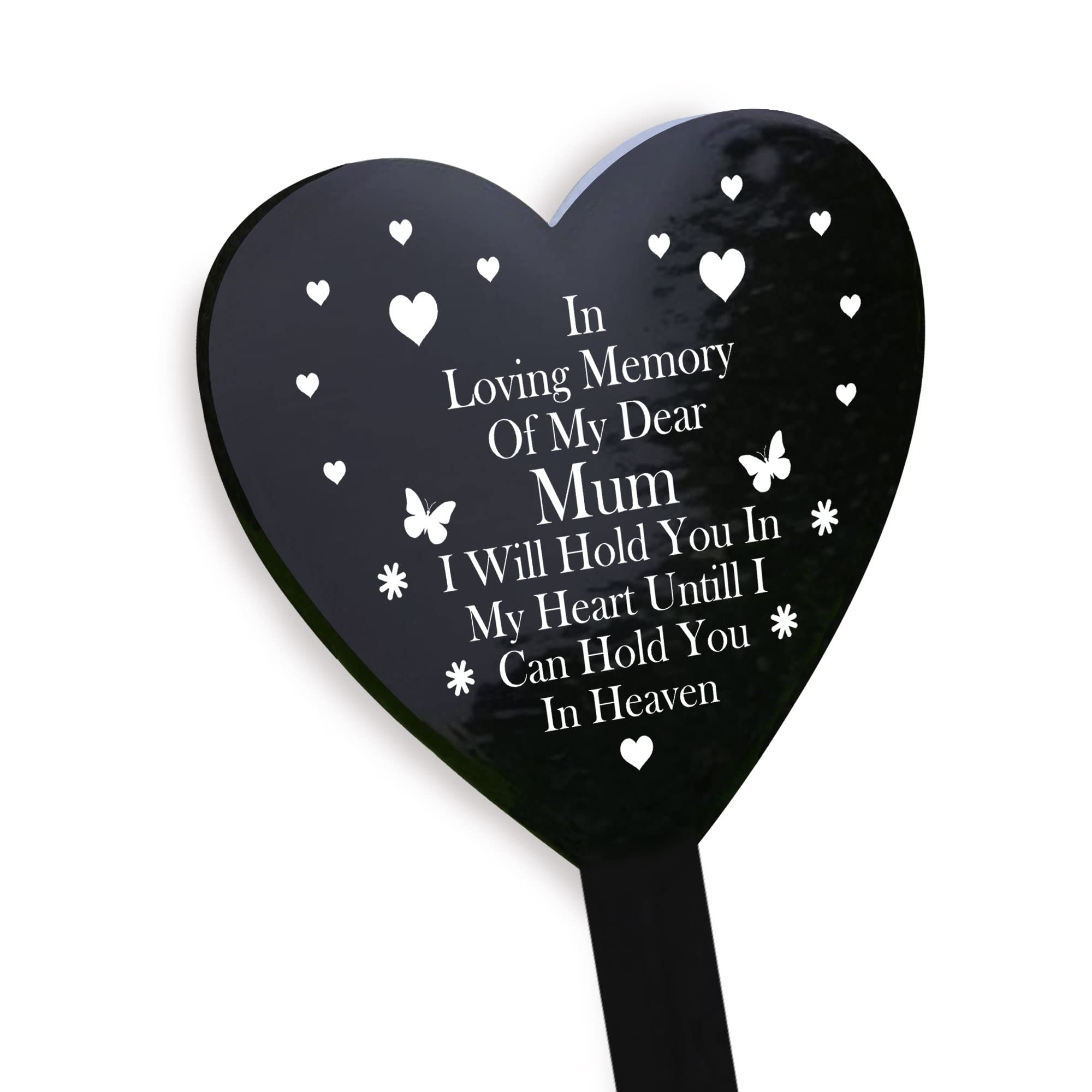 RED OCEAN Mum In Loving Memory - Graveside Memorial Marker - Black Acrylic Grave Heart Plaque - Memorial Plaque For Mum From Daughter Son - Bereavement Gifts