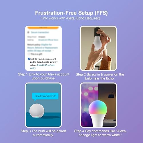 Miniatura 2 de Broadlink Bombillas inteligentes, configuración sin frustraciones (FFS) funciona solo con Alexa, malla BLE, 9W 800LM que cambia de color A19 E26 LED