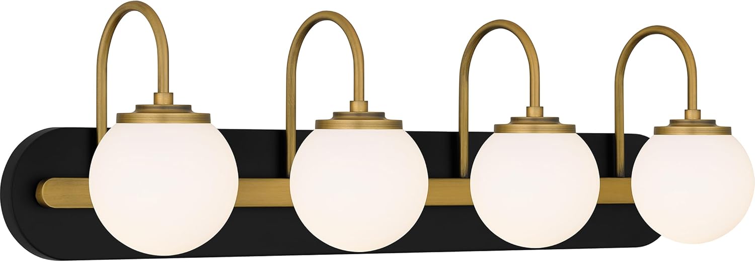 Quoizel Desmond Modern Vanity Light, 30 Inch 4-Light Matte Black Bathroom Lighting Fixtures Over Mirror, Opal Etched Glass Globes with Gold Accents, Wall Mount Light for Bathroom, Dresser or Sink