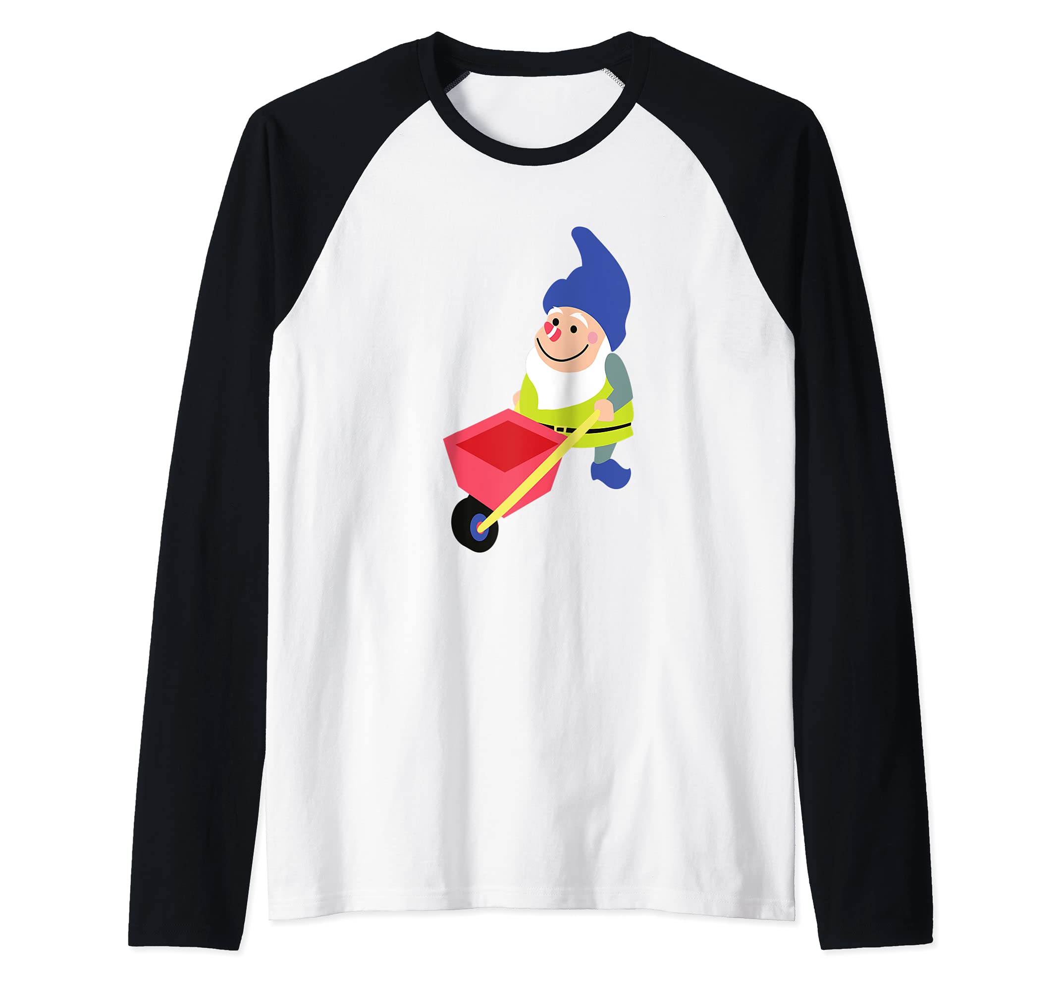 Lawn Gnome Wheel Barrel Garden Raglan Baseball Tee, Black
