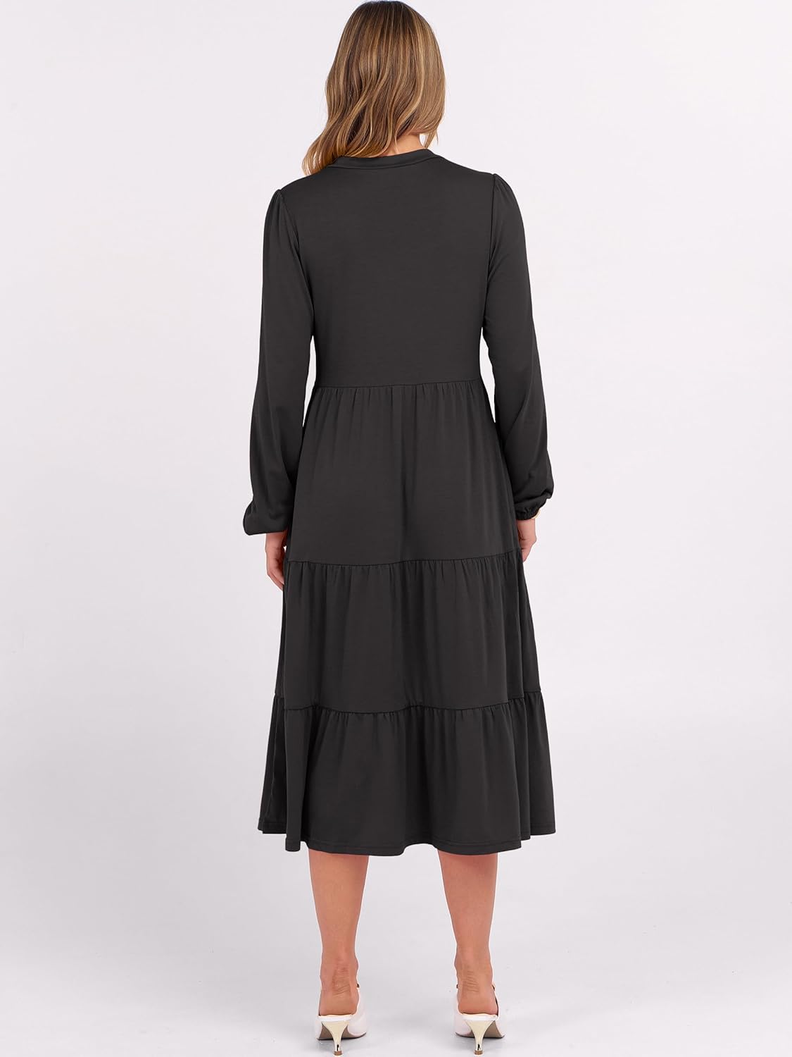 ANRABESS Women's Long Lantern Sleeve Floral Midi Dresses 2026 Spring V Neck Casual Flowy A-line Tiered Boho Vacation Dress - Image 5