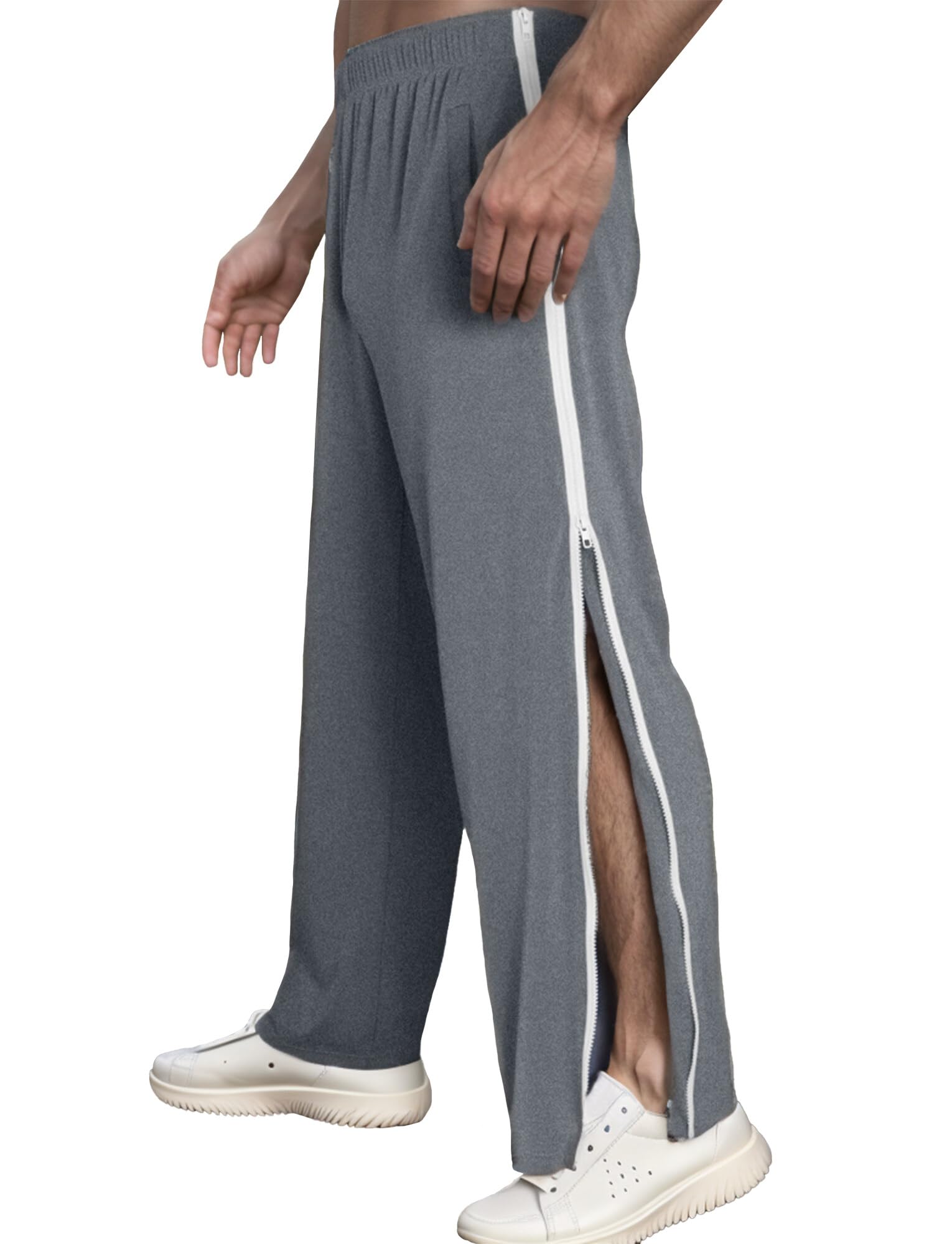 FEOYA Pantalon de Rééducation pour Homme Pantalons de Sport Post-opératoire à Ouverture Totale Jogging à Zips Latéraux Pantalon de Chirurgie avec Poches