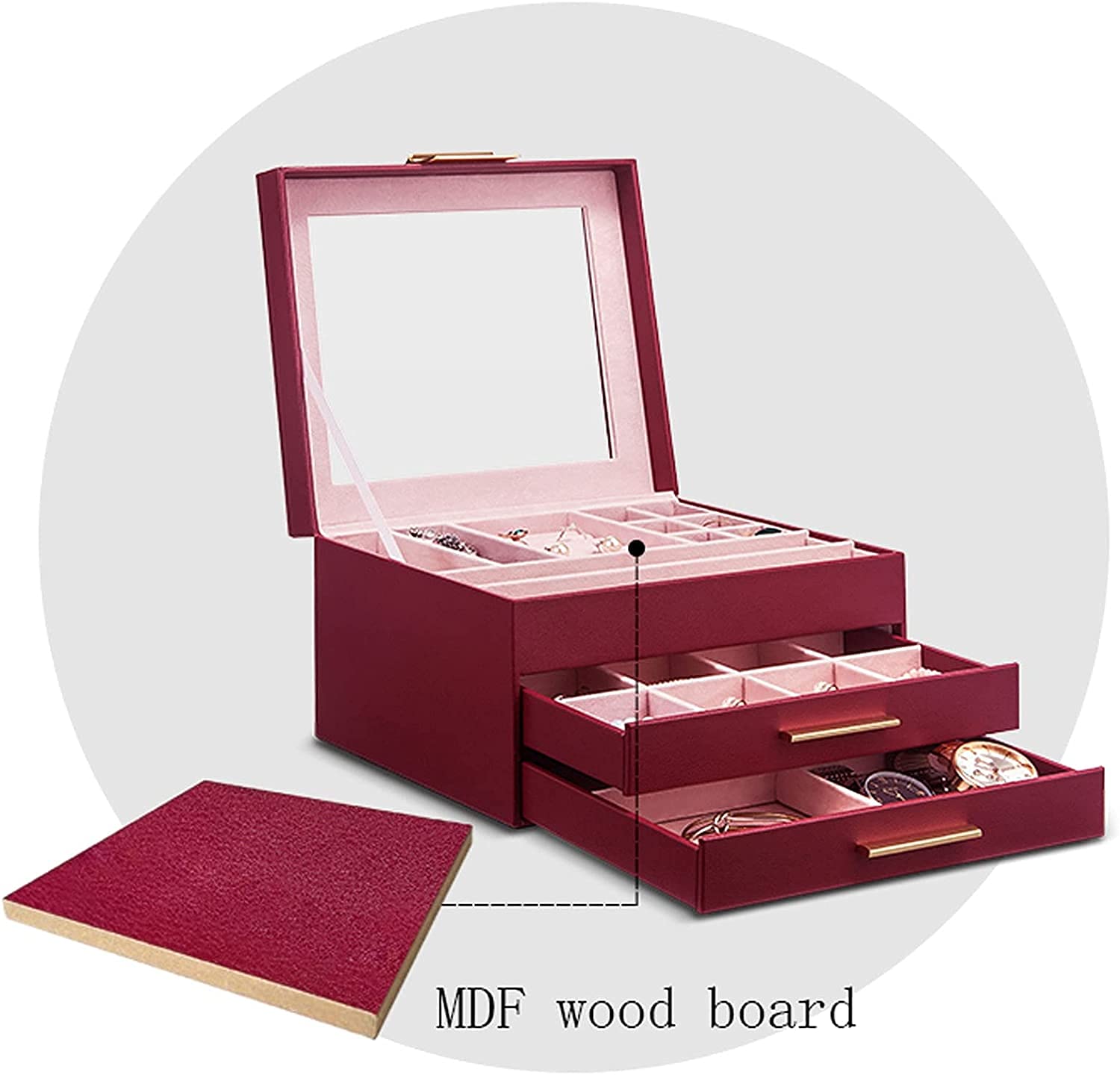 Schmuck-Organizer, Schmuckkästchen, großes Schmuckkästchen, Organizer, Schublade, Spiegel für Damen, Pu-Leder, Aufbewahrungskoffer für Ohrringe, Ring, Halskette, Armband, Uhr, Schmuckkästchen,