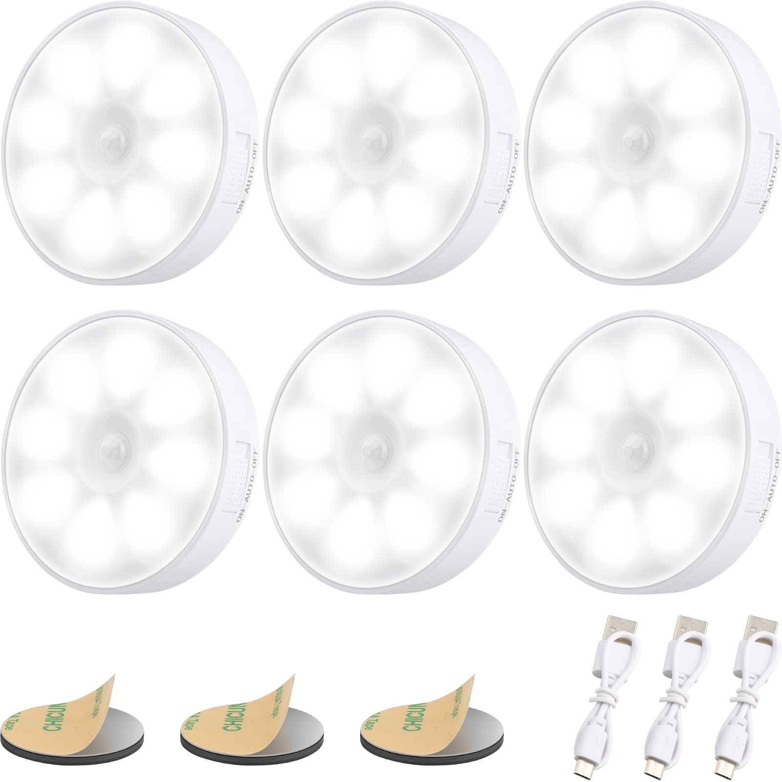 Motion Sensor Lights Indoor, [Upgraded][8 LEDs] Stick on Stair Puck Lights, Cordless Step Safe Lights, 3 Modes, for Under Cabinet, Bedroom, Bathroom, Hallway, Kitchen - 6 Pack White