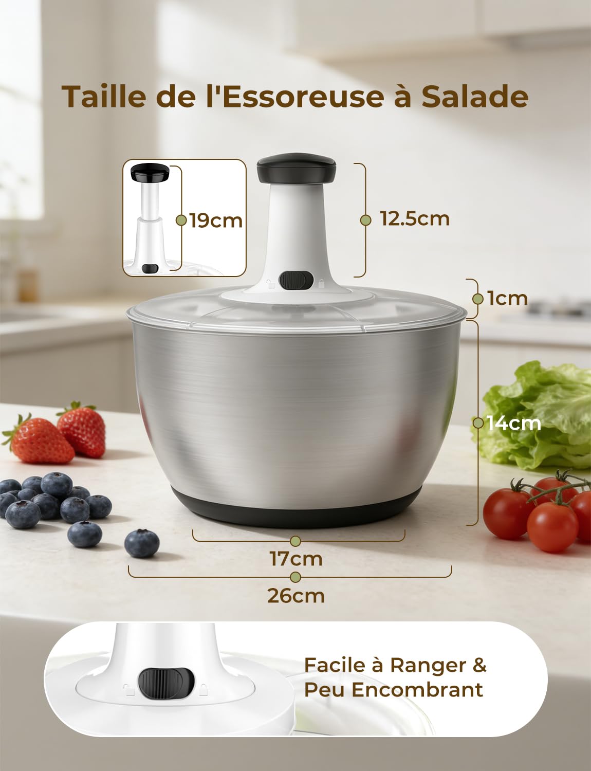 Essoreuse à Salade Acier Inoxydable, 6L Grande Capacité Essoreuse Salade avec Saladier et Base Antidérapante, sans BPA, Lave et sèche Rapidement Les légumes et Les Fruits