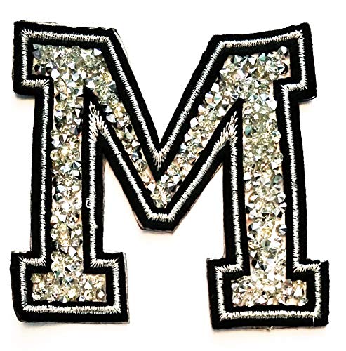 Letter M Patch Black Silver Diamond Crystal Jewelry Patch Fabric Letter A-Z Embroidered Patch Sewing DIY Craft Badge Cloth Jackets Shirts (Silver Crystal Letter M)