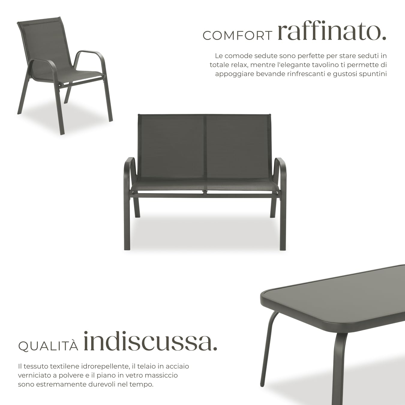 Set Salotto da Giardino 4 Pezzi Tectake: Divano 2 Posti, Poltrone, Tavolino in Vetro, Acciaio Antracite