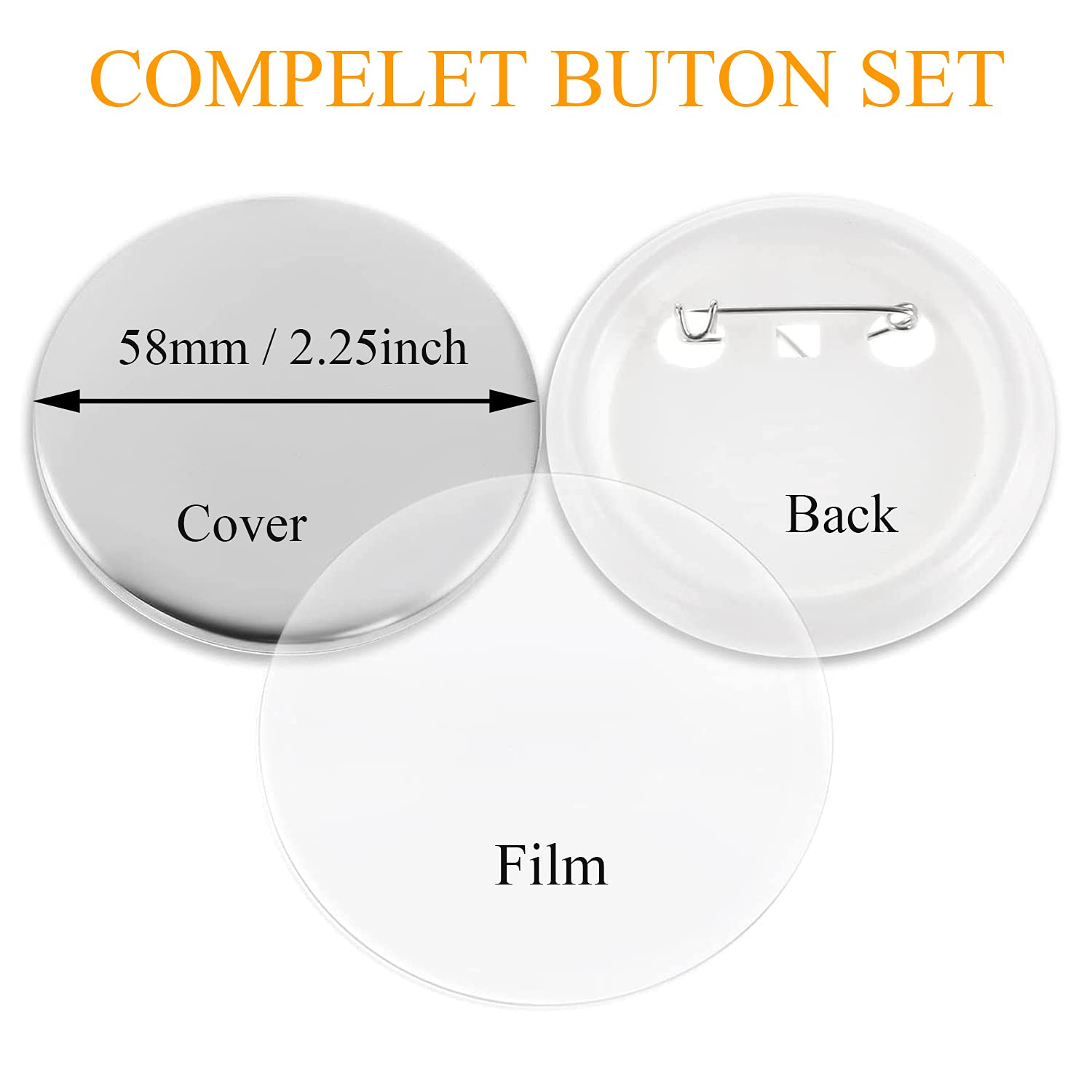 58 mm Pulsante Vuoto Badge Maker Pin Parti Metallo Bottoni Grandi Conchiglie Coperchio Posteriore Plastica Componenti file Trasparenti Artigianato fai-da-te Articoli Artistici (98 pezzi)