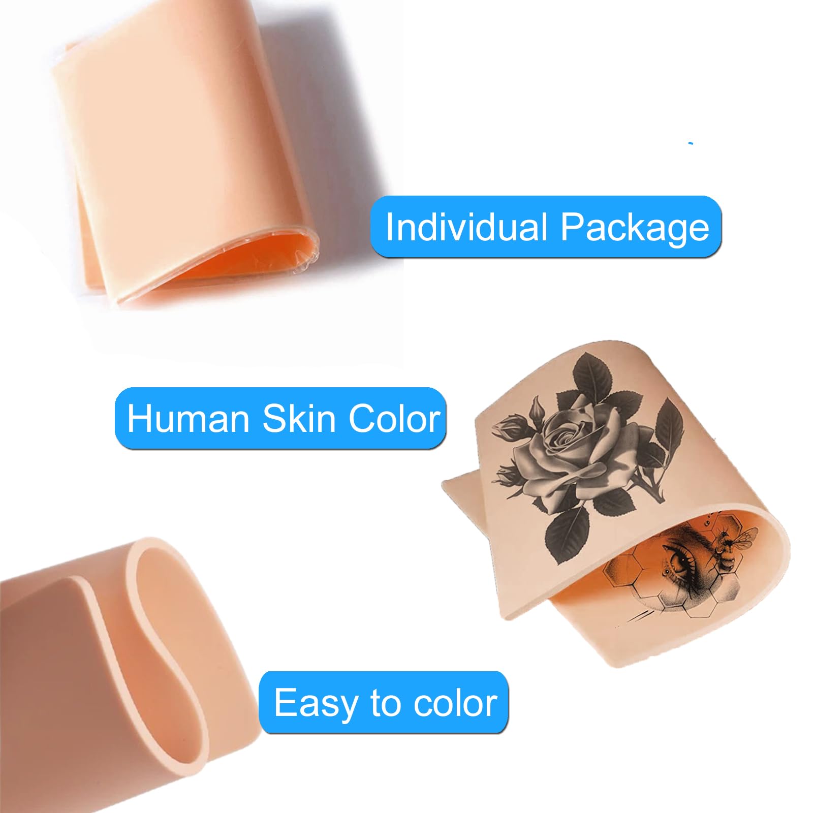 Piel falsa de tatuaje de 3 mm, 10 unidades, 7.4 x 5.6 pulgadas, 3 mm de grosor, piel de silicona suave, tatuaje de piel falsa para principiantes y artistas