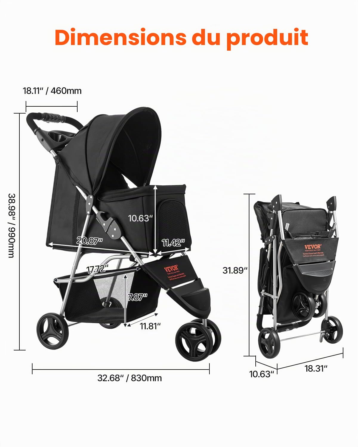 VEVOR Poussette pour Chien Animaux de Compagnie Pliable, Capacité 16 kg, avec 3 Roues et Freins Arrière, Fenêtres en Maille, Porte-gobelets, pour Chats, Animaux de Compagnie Taille Petite Moyenne