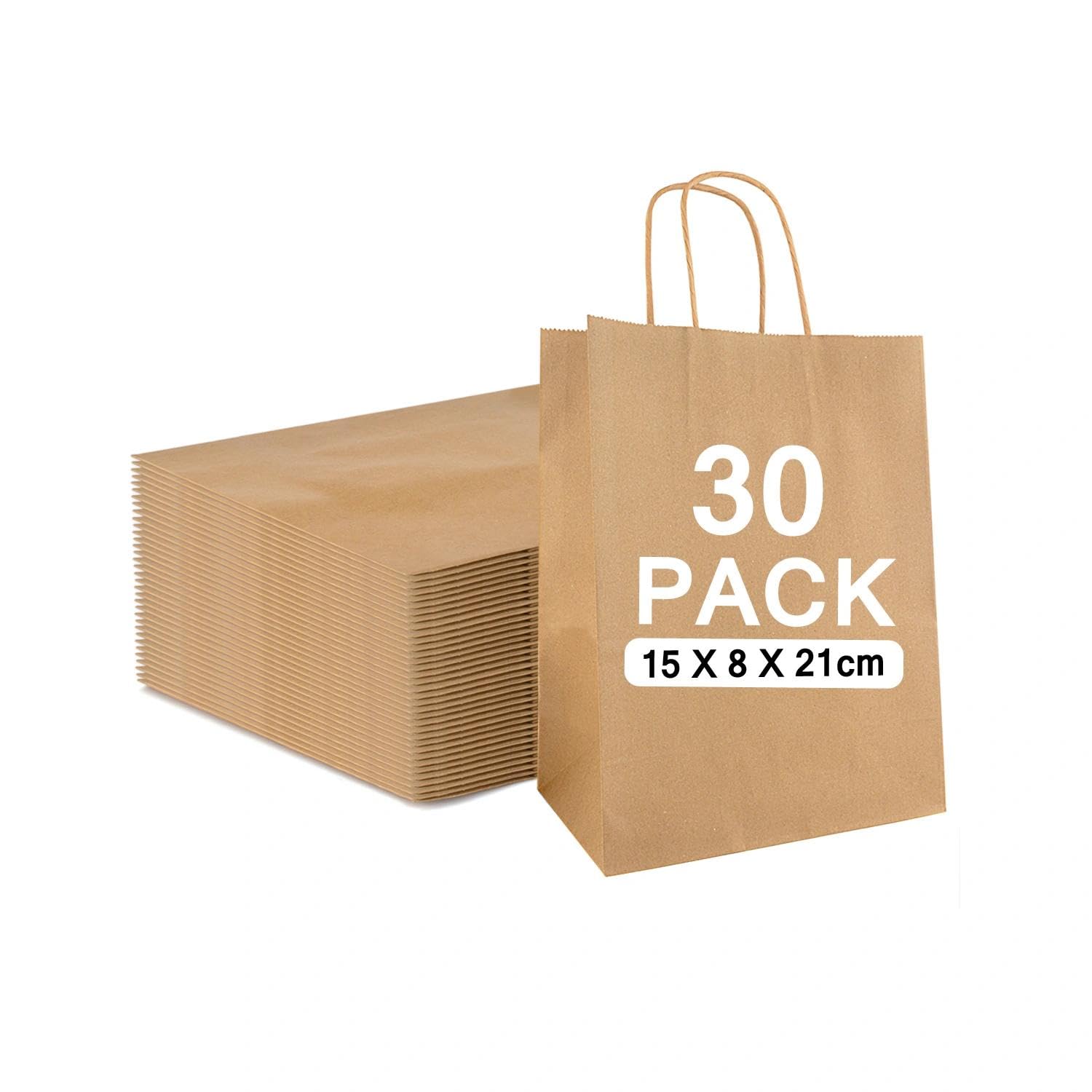 30 Pcs Brown Paper Bags With Handles, 130GSM(15×8×21cm), Small Paper Gift Bags, Eco-Friendly Kraft for Gifts, DIY, Party, Shopping, Retail, Grocery, Easter, Wedding, Birthday and Takeaway