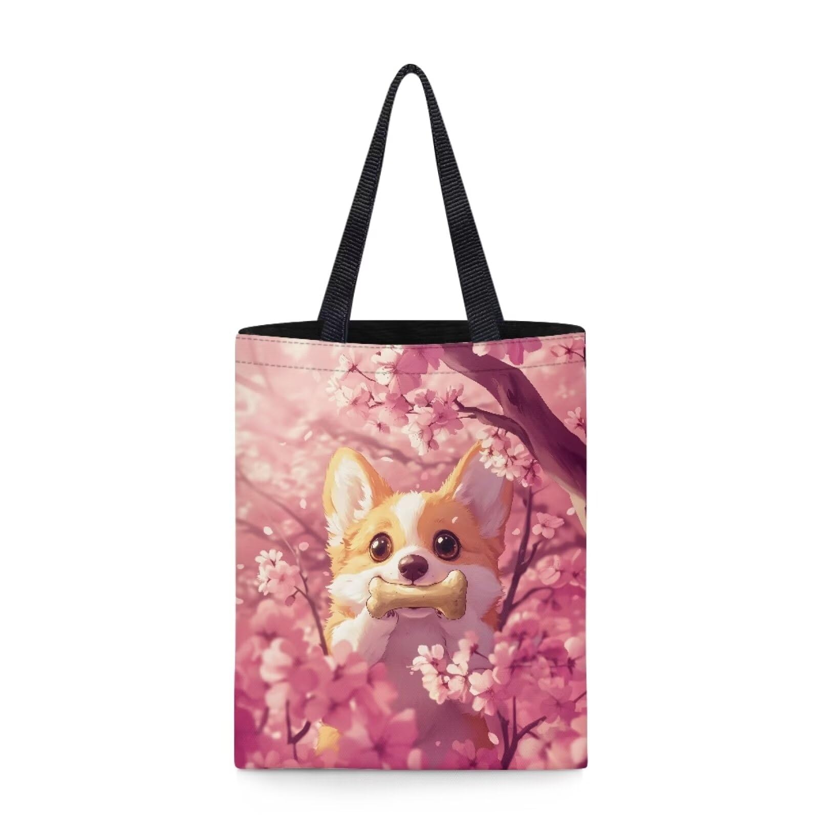 Belidome Corgi Dog Bag Cherry Blossom Grocery Pouch Handbag Lightweight Reusable