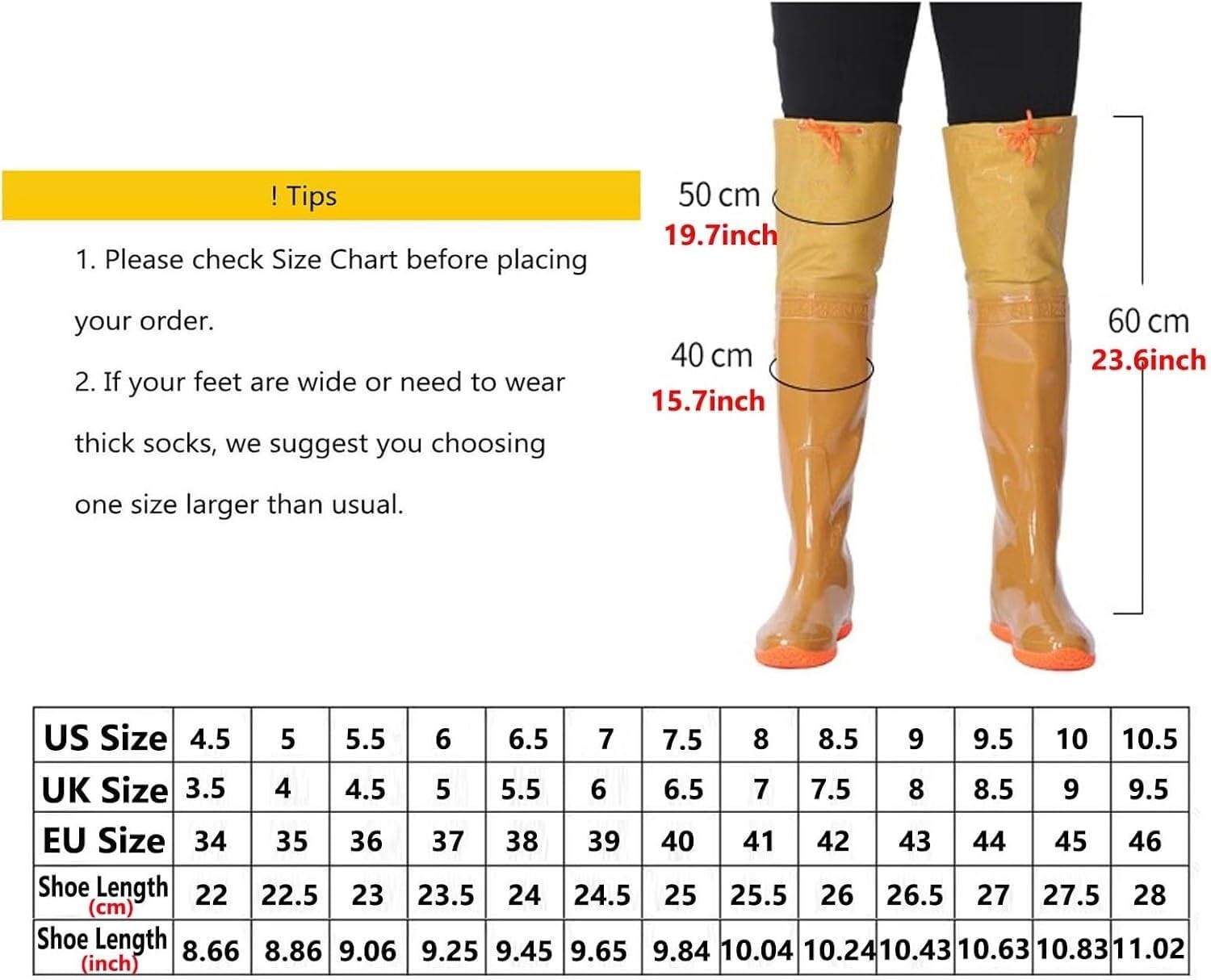 KomNWF LXXW Fishing Chest Waders PVC waterproof hip wading boots, 60 cm high, lightweight, unisex, oxford soles, knee-length water shoes hunting waders(5 UK)