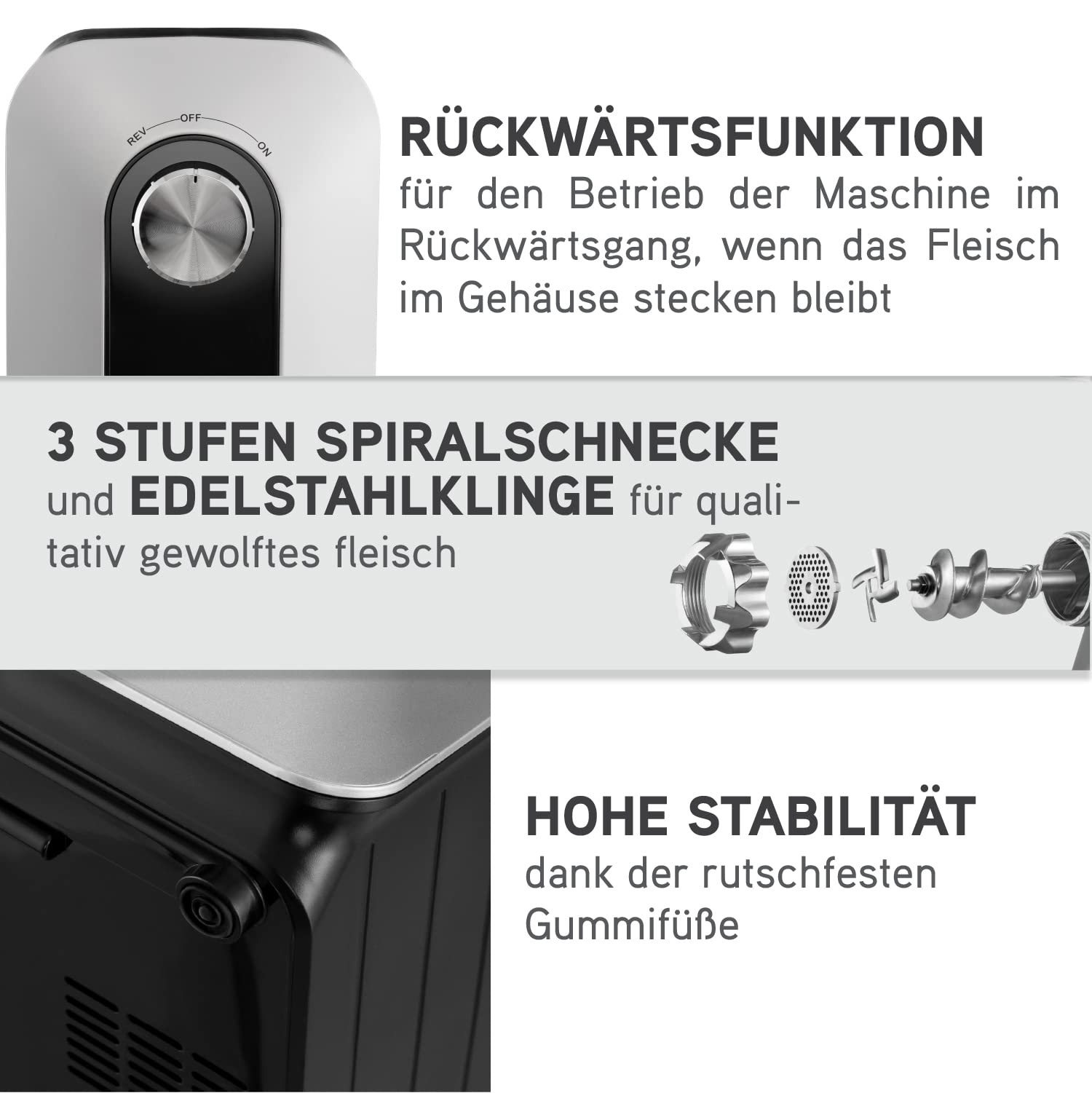 Twinzee - Elektrischer Fleischwolf mit Wurstfüller, Schwarz - Für Fleisch und Wurst - Küchenmaschine, Fleischwolf mit 3 Lochscheiben und 3 Wurstaufsätze