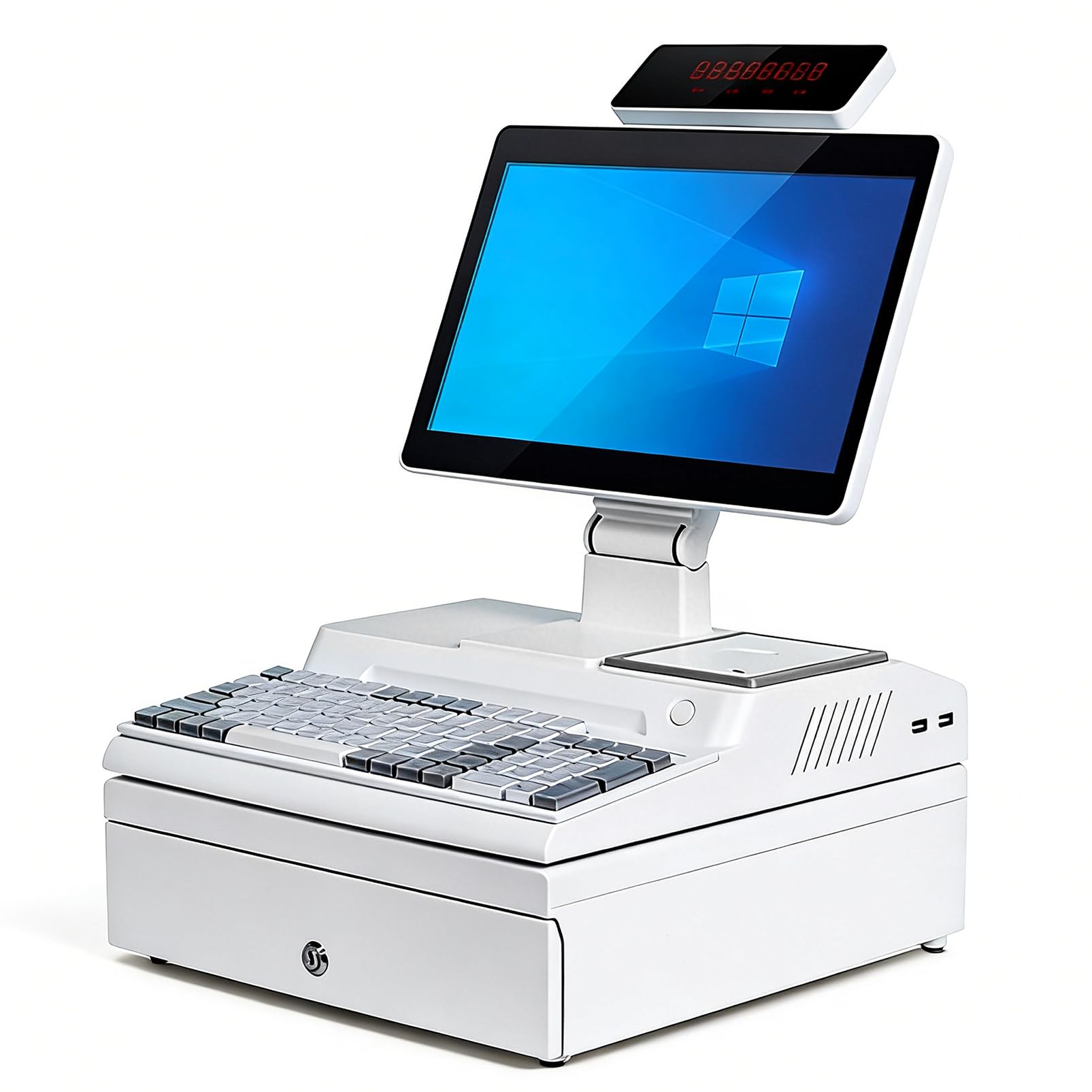Terminal TPV Todo en Uno de 14", Caja Registradora Pos con Pantalla Táctil, 4GB de RAM, SSD de 64GB, Pantalla Digital LED Orientada al Cliente, Cajón Portamonedas e Impresora Térmica de 58mm White