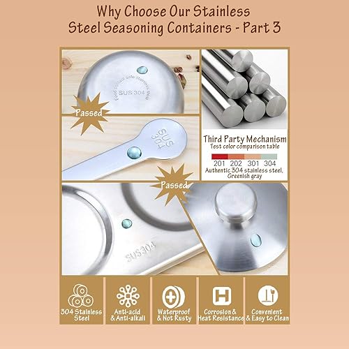 Miniatura 4 de Dahein Tarros de especias de acero inoxidable 304, estantes para especias, contenedores de condimentos con tapas y cuchara, contenedor de sal