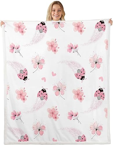 Manta de forro polar con diseño de mariquita, súper suave y acogedora, manta Sherpa con diseño de flores de cerezo para niños, mujeres y adultos,